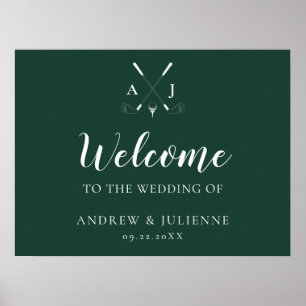 Emerald Green Monogram Golf Wedding Willkommen Poster