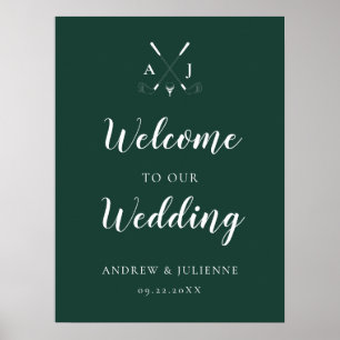 Emerald Green Monogram Golf Wedding Willkommen Poster
