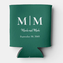 Emerald Green Monogram & Names Wedding Can Cooler