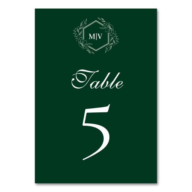 Emerald Green Monogram Wappen Tischnummer Card (Vorderseite)
