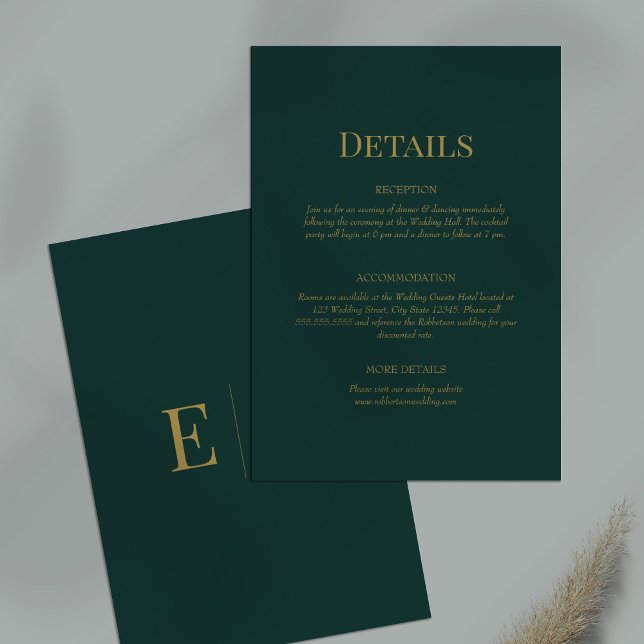Emerald Green Monogram Wedding Details Card Einladung (Emerald Green Monogram Wedding Details Card on a table.)