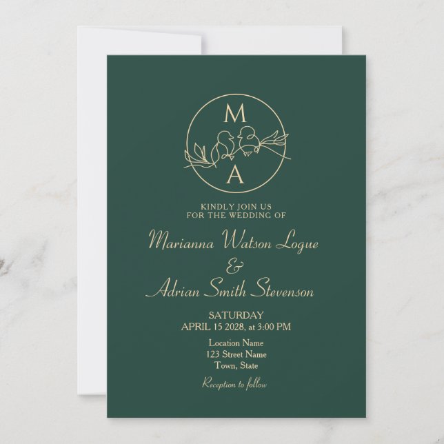 Emerald Green Monogram Wedding Einladung (Vorderseite)