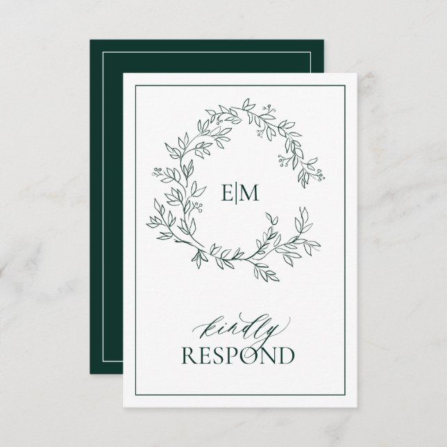 Emerald Green Monogram Wedding RSVP Card (Vorne/Hinten)