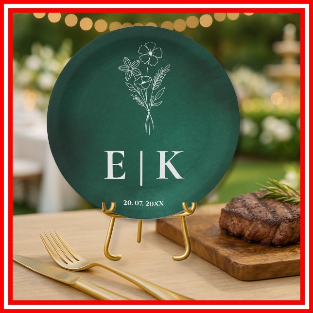 Emerald Green Monogram Wildblume Wedding Pappteller (Von Creator hochgeladen)