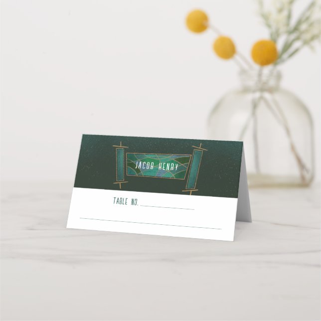 Emerald Green Mosaic Torah Scroll Bar/Bat Mitzvah Platzkarte (Vorderseite)