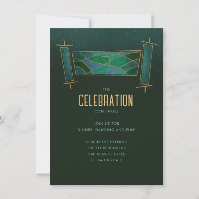 Emerald Green Mosaic Torah Scroll Party Umschließu Einladung (Vorderseite)