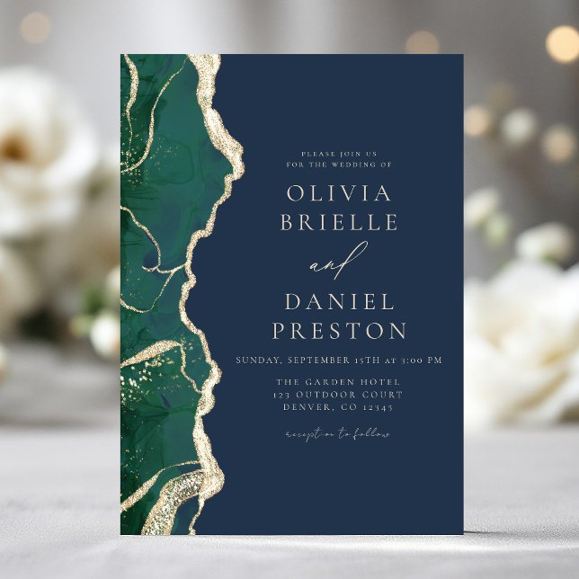 Emerald Green Navy Blue Agate Wedding Elegant Einladung (Von Creator hochgeladen)
