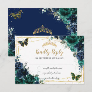 Emerald Green Navy Floral Butterfliegen Quinceañer RSVP Karte