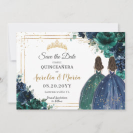 Emerald Green Navy Floral Princesses Quinceañera Save The Date