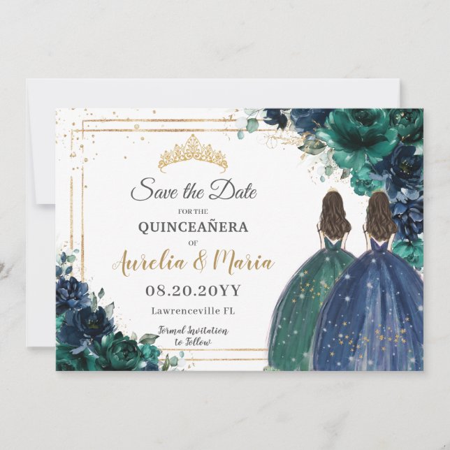 Emerald Green Navy Floral Princesses Quinceañera Save The Date (Vorderseite)