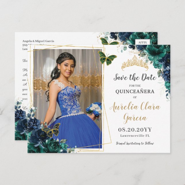 Emerald Green Navy Floral Quinceañera Fotografie Ankündigungspostkarte (Vorne/Hinten)