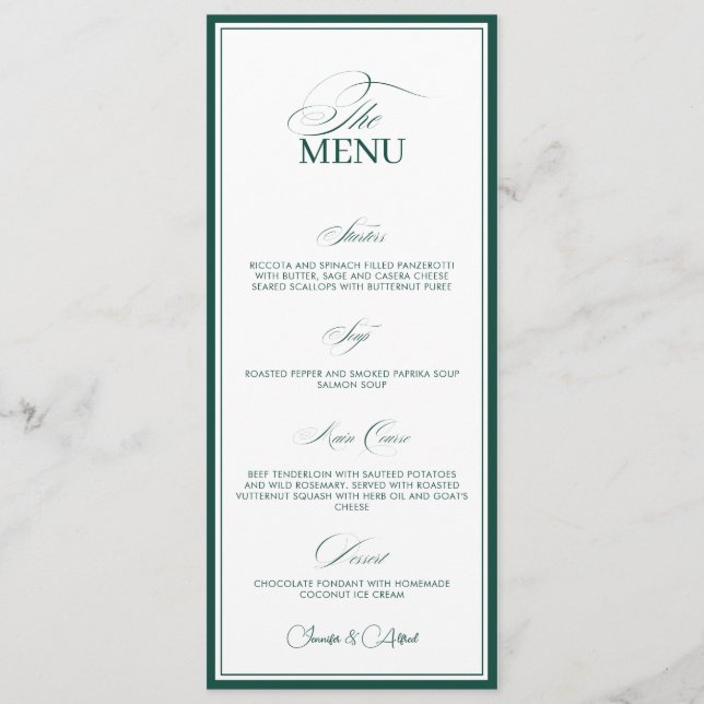 Emerald Green Old Money Wedding Dinner Menu Card Menükarte (Vorderseite)