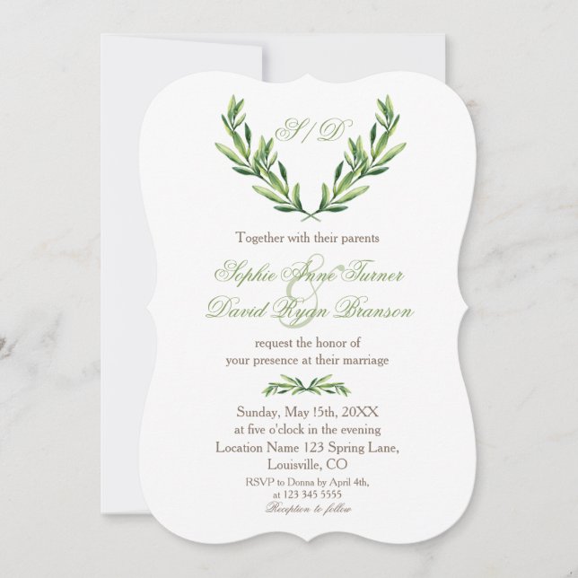 Emerald Green Olive Wreath Monogram Wedding Einladung (Vorderseite)