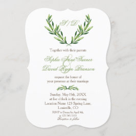 Emerald Green Olive Wreath Monogram Wedding Einladung