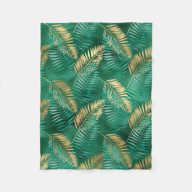 Emerald Green Palm Leaf Hell Goldener Dschungel Fleecedecke (Vorderseite)