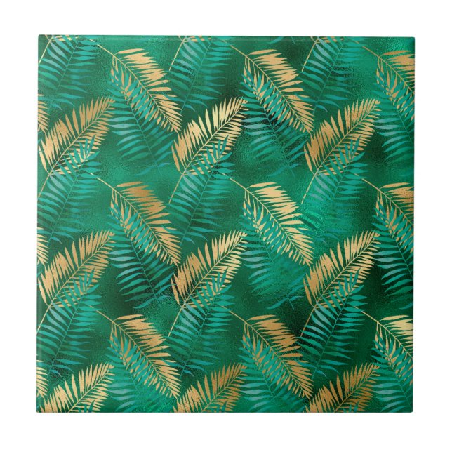 Emerald Green Palm Leaf Hell Goldener Dschungel Fliese (Vorderseite)
