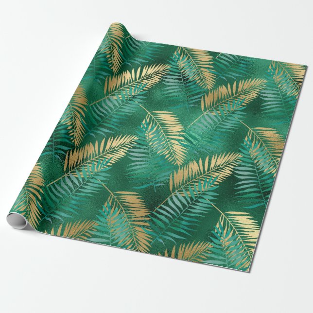 Emerald Green Palm Leaf Hell Goldener Dschungel Geschenkpapier (Ungerollt)