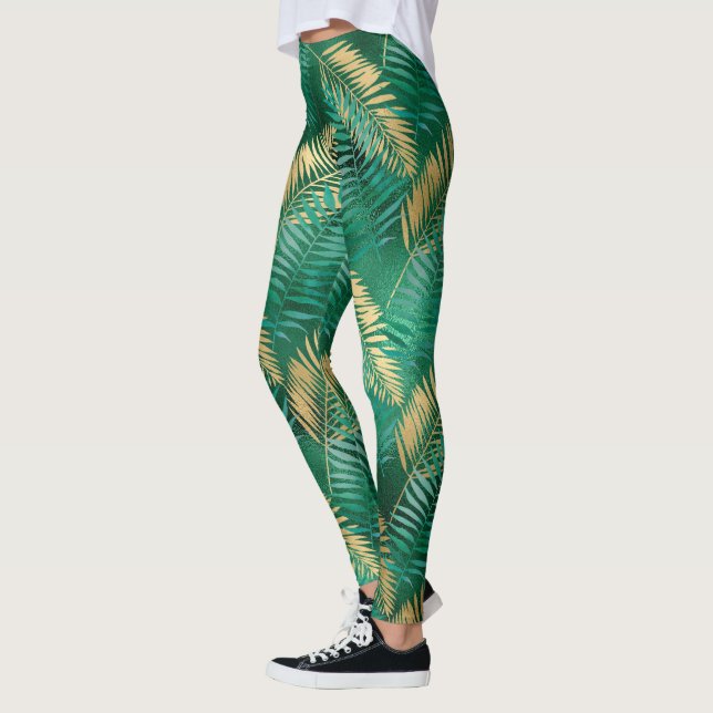 Emerald Green Palm Leaf Hell Goldener Dschungel Leggings (Links)