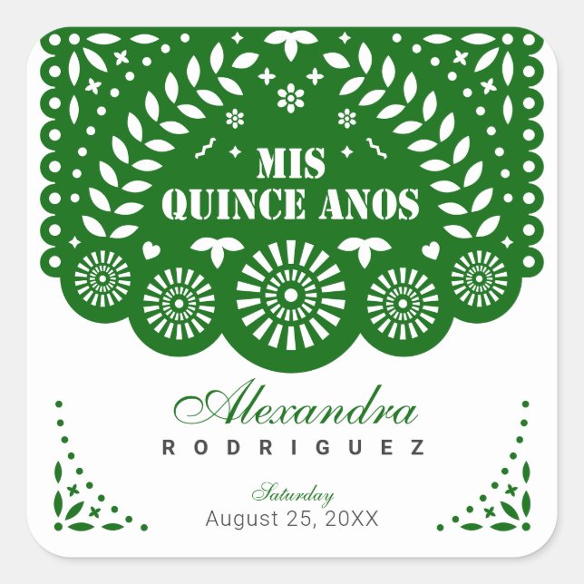 Emerald Green Papel Picado Mis Quince Años Quadratischer Aufkleber (Vorderseite)