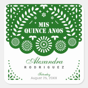 Emerald Green Papel Picado Mis Quince Años Quadratischer Aufkleber