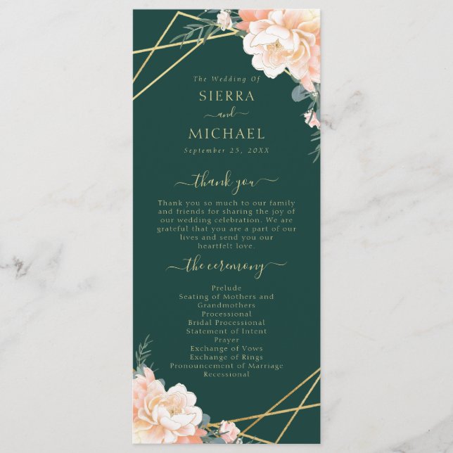 Emerald Green Peach Cream Gold Geometric Wedding Programm (Vorderseite)