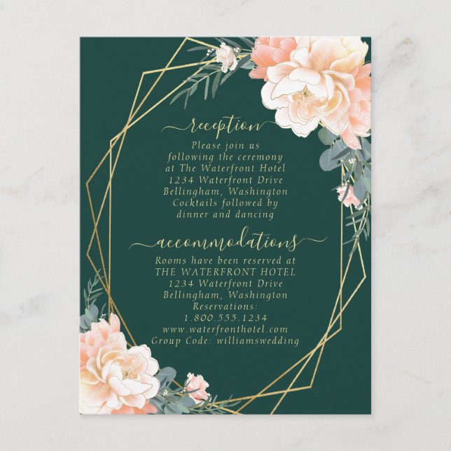 Emerald Green Peach Floral Gold Hochzeitdetails Begleitkarte (Vorderseite)