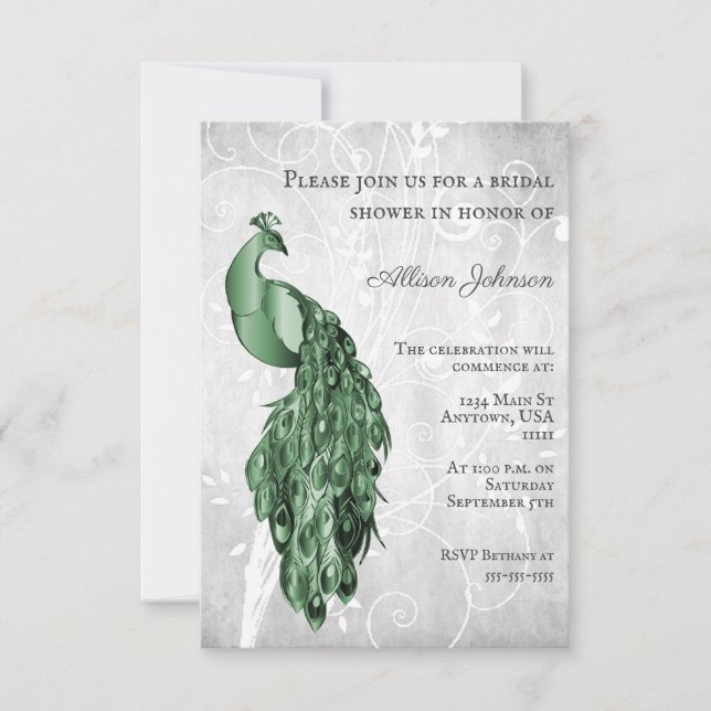 Emerald Green Peacock Bridal Dusche Einladung (Vorderseite)