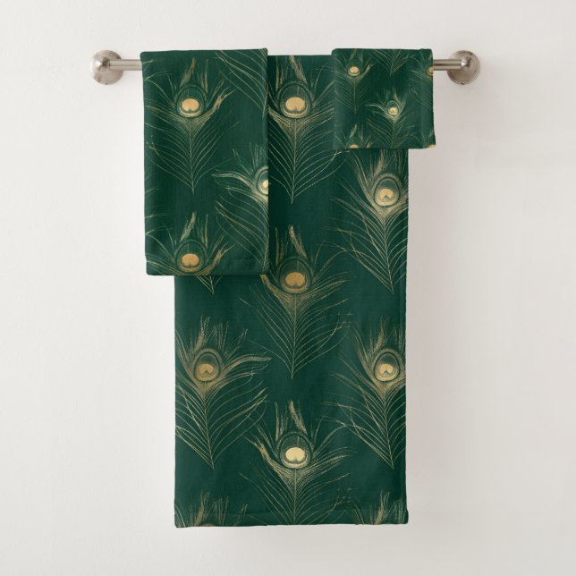 EMERALD GREEN PEACOCK FEATHER BADEZIMMER TOWEL SET (Insitu)