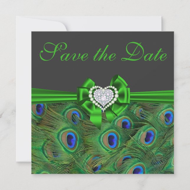 Emerald green Peacock Save the Date (Vorderseite)