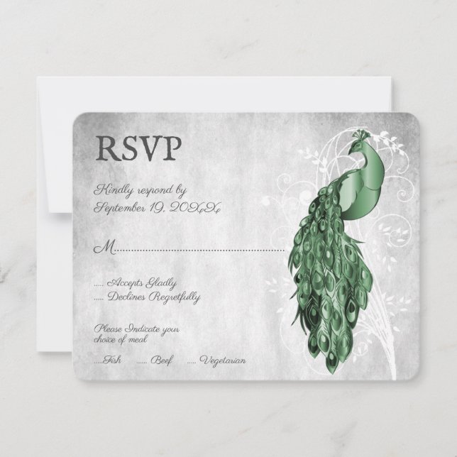 Emerald Green Peacock Wedding RSVP Card Karte (Vorderseite)