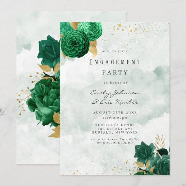 Emerald Green Peony and Gold Engagement Party Einladung (Vorne/Hinten)