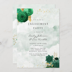 Emerald Green Peony and Gold Engagement Party Einladung