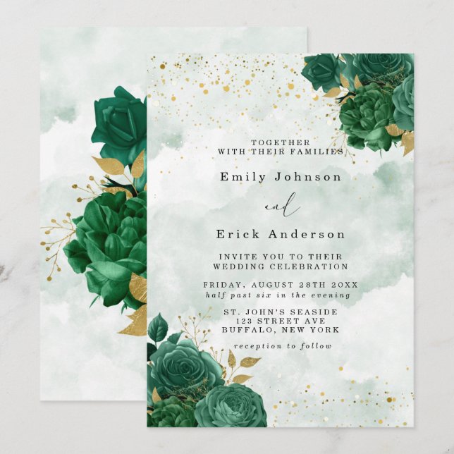 Emerald Green Peony Gold Glitzer Wedding Einladung (Vorne/Hinten)