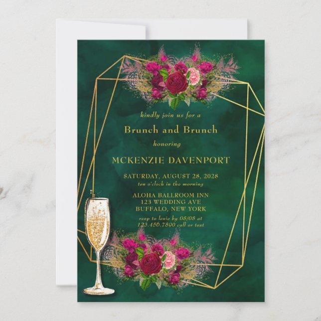Emerald Green Pink Peony Rose Brunch und Bubbly Einladung (Vorderseite)