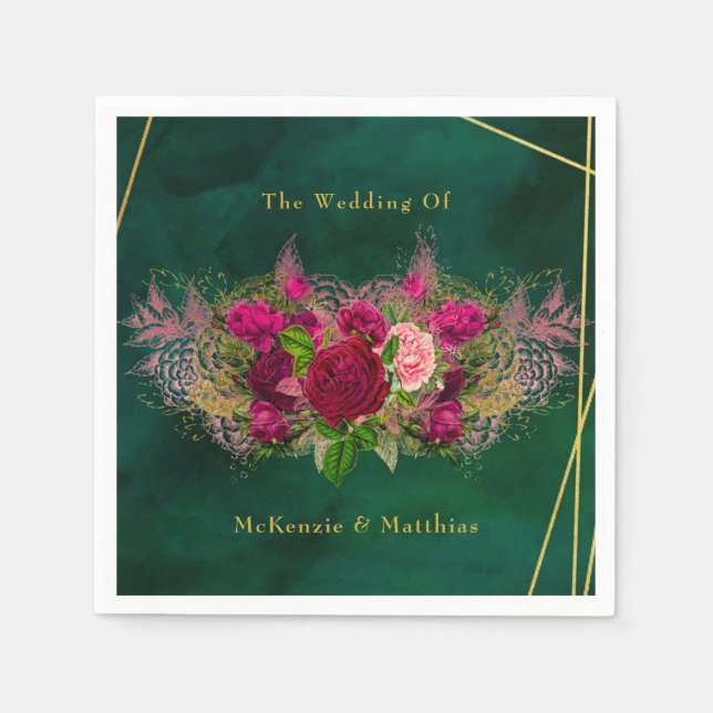 Emerald Green Pink Peony Rose Hochzeit Serviette (Vorderseite)