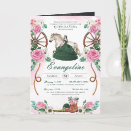 Emerald Green Pink Rose Charro Quinceanera Foto Einladung