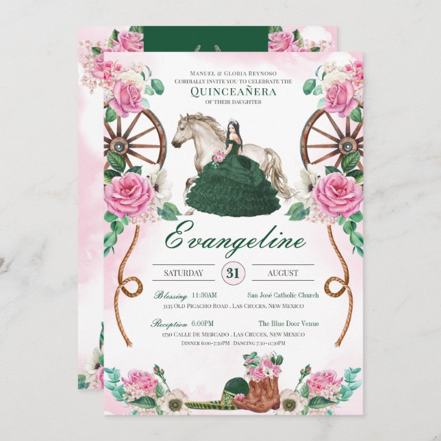 Emerald Green Pink Rose Charro Western Quinceanera Einladung (Vorne/Hinten)