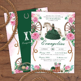Emerald Green Pink Rose Charro Western Quinceañera Einladung