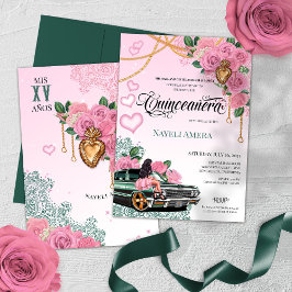 Emerald Green Pink Rose Lowrider Chola Quinceanera Einladung