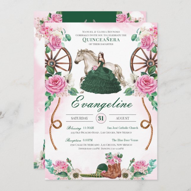 Emerald Green Pink Rose Rustic Charro Quinceañera Einladung (Vorne/Hinten)