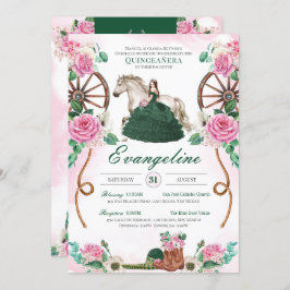 Emerald Green Pink Rose Rustic Charro Quinceañera Einladung