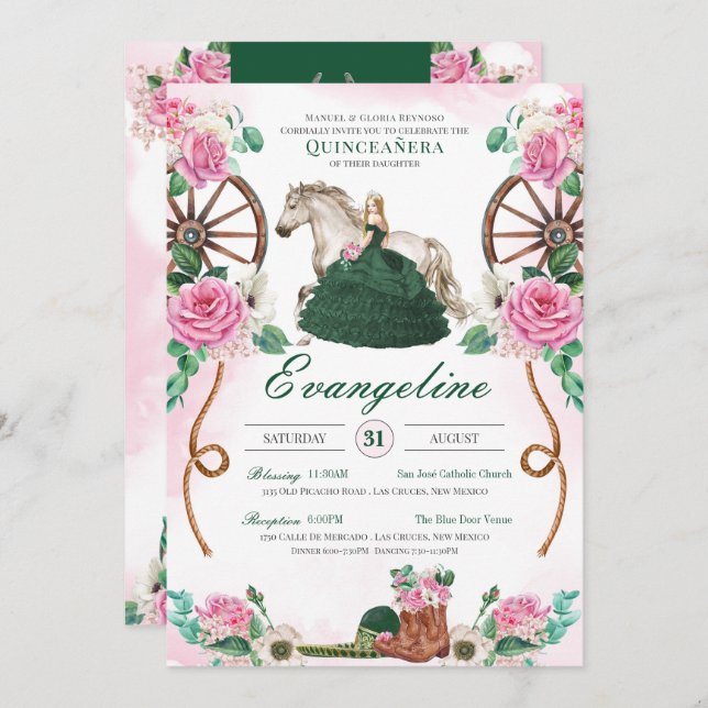 Emerald Green Pink Roses Verzauberter Charro Quinc Einladung (Vorne/Hinten)