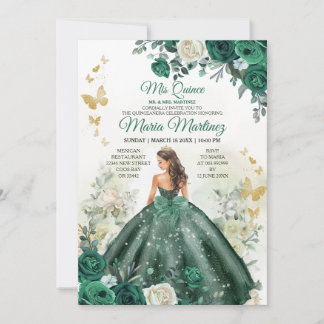 Emerald Green Princess Floral Mexican Mis Quince Einladung