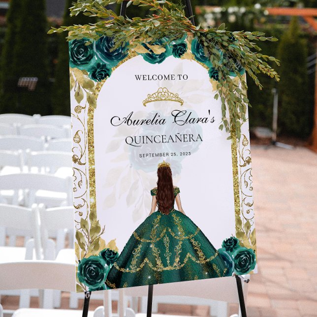 Emerald Green Princess Floral Quinceañera Birthday Poster (Von Creator hochgeladen)