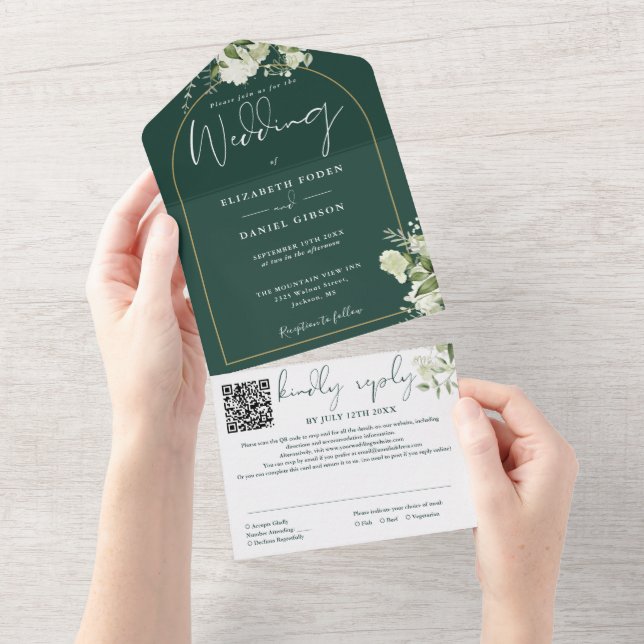 Emerald Green QR Code Gold Arch Greenerity Wedding All In One Einladung (Abreißen)