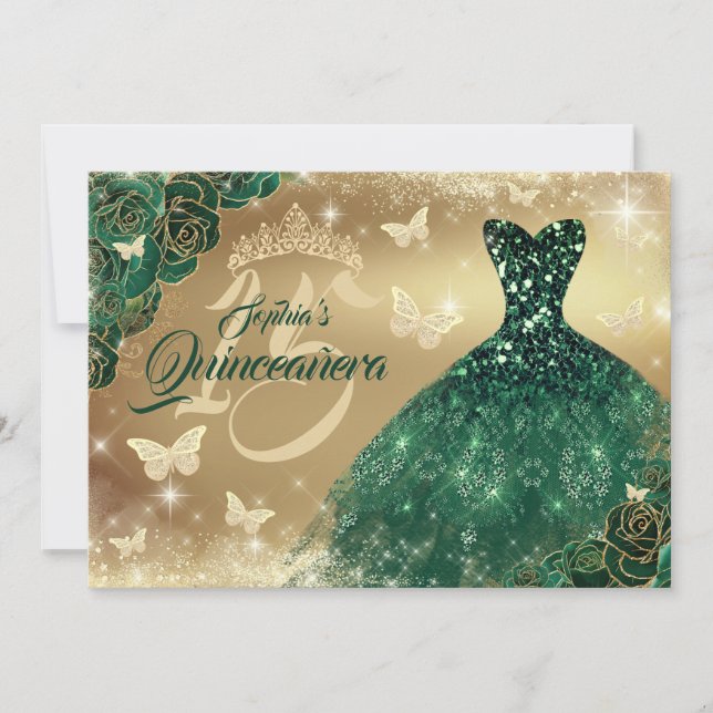 Emerald Green Quinceanera Blume Sparkenkleid Einladung (Vorderseite)