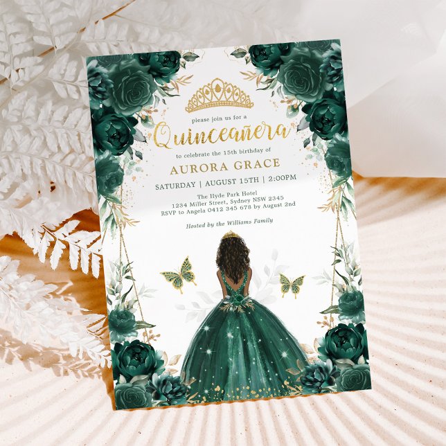 Emerald Green Quinceañera Brown Skin Princess Einladung (Von Creator hochgeladen)