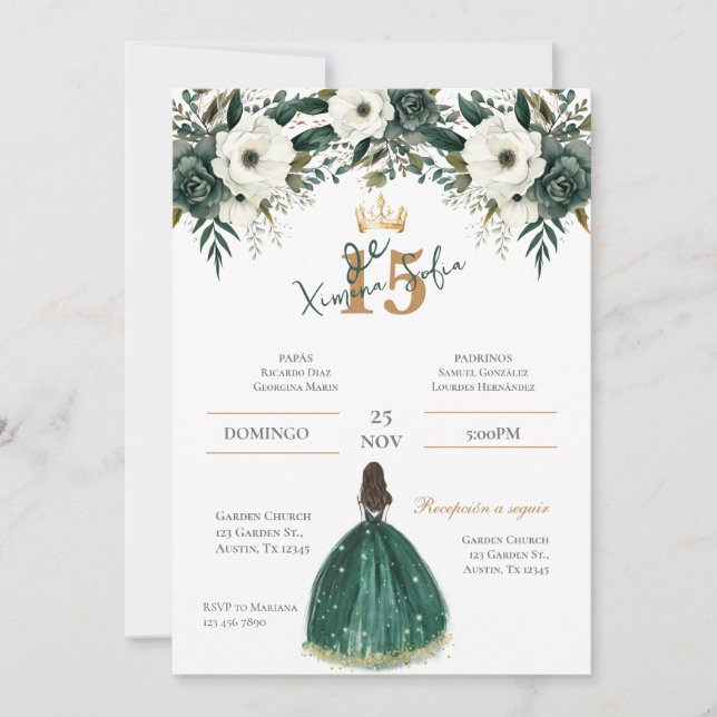 Emerald Green Quinceanera Einladung (Vorderseite)