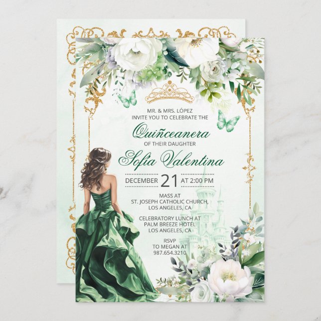 Emerald Green Quinceañera Einladung (Vorne/Hinten)