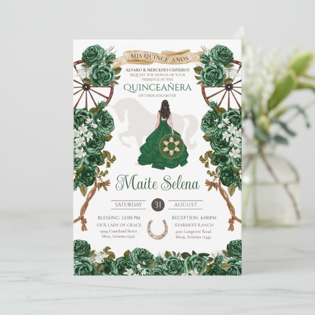 Emerald Green Quinceanera Elegante Rose Charro Einladung (Stehend Vorderseite)